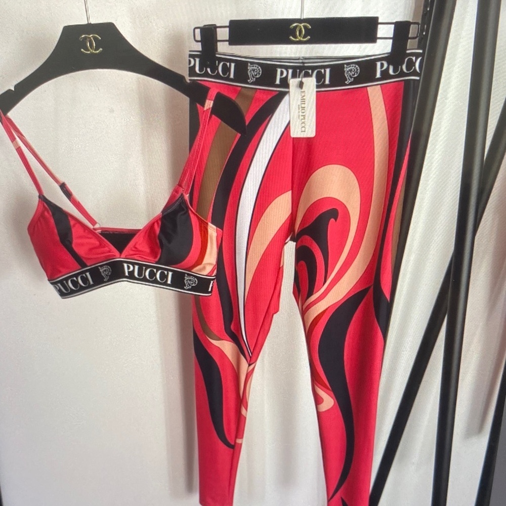Emilio Pucci Red Black Pink Swirl Sports Bra & Leggings Set